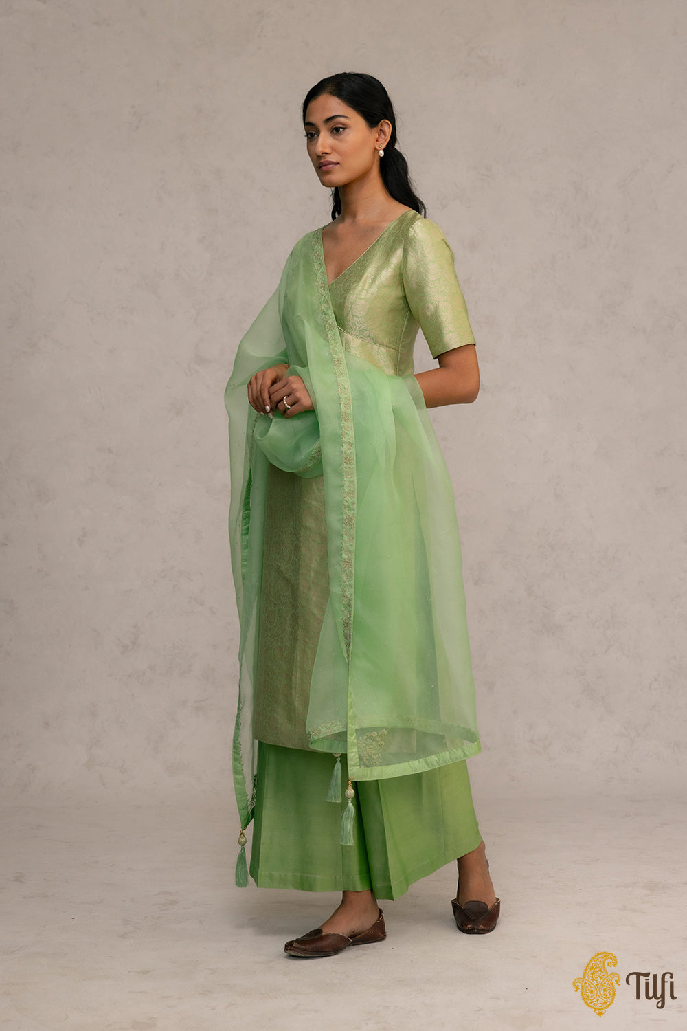 Handwoven Banarasi Brocade Suit Widelegged Party Wear Jumpsuit In Pista Golden Colour
