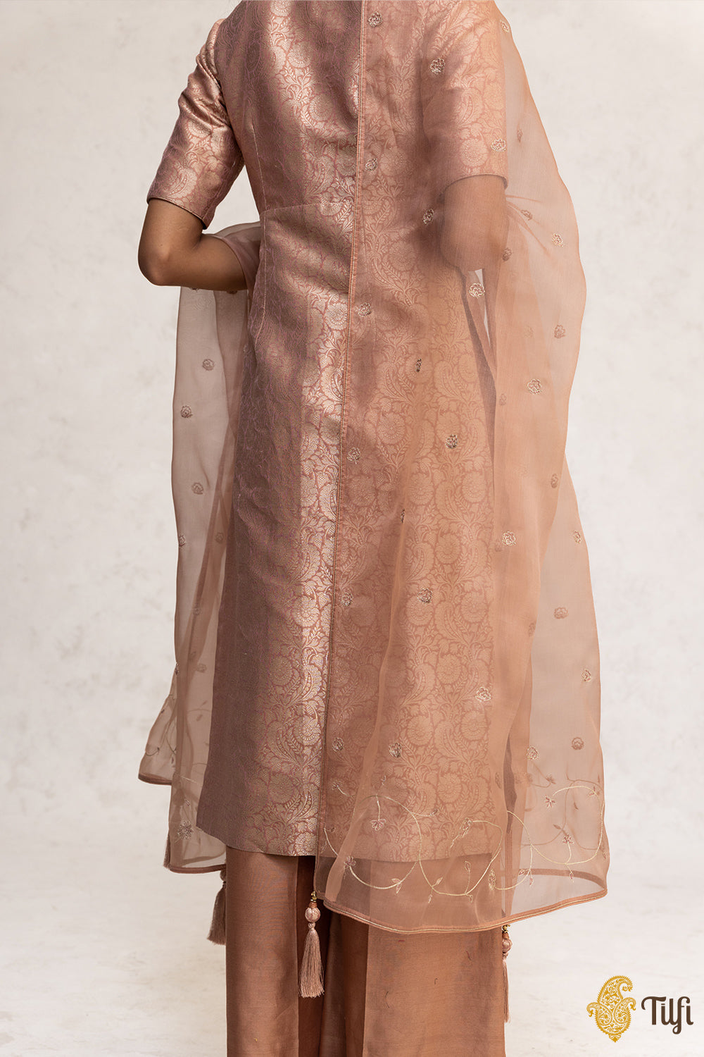 Light Brown Brocade Banarasi Handloom Suit Set with Hand-embroidered Dupatta