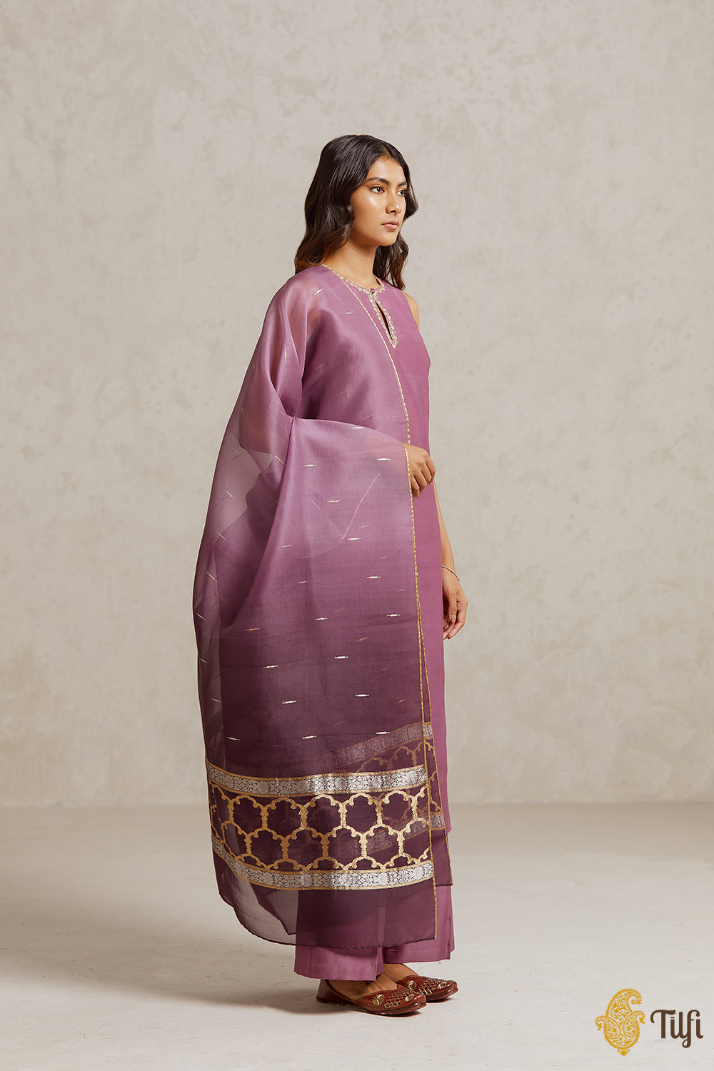 Lilac Pure Chanderi Silk Hand-embroidered Suit Set with Handwoven Dupatta