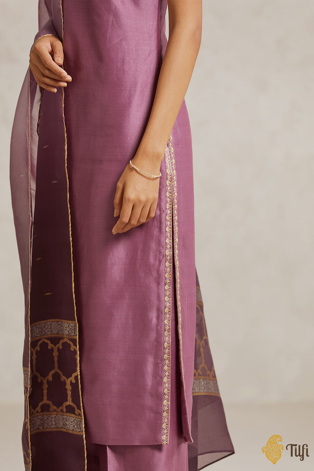 Lilac Pure Chanderi Silk Hand-embroidered Suit Set with Handwoven Dupatta