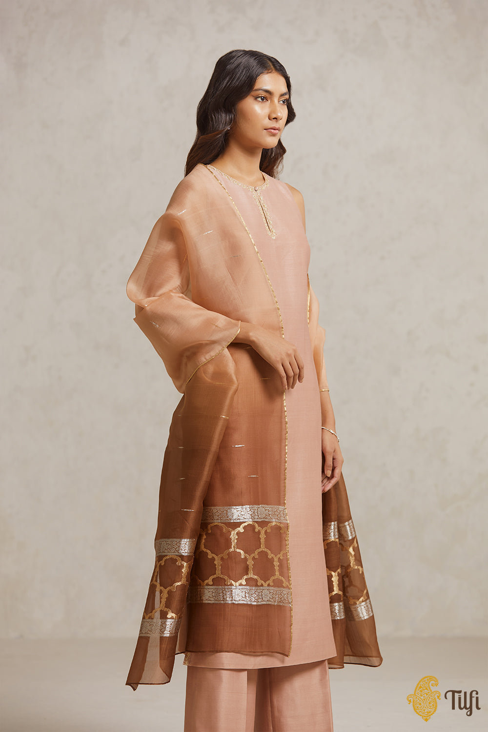 Light Brown Pure Chanderi Silk Hand-embroidered Suit Set with Handwoven Dupatta