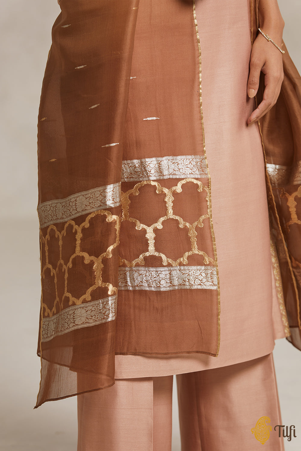 Light Brown Pure Chanderi Silk Hand-embroidered Suit Set with Handwoven Dupatta