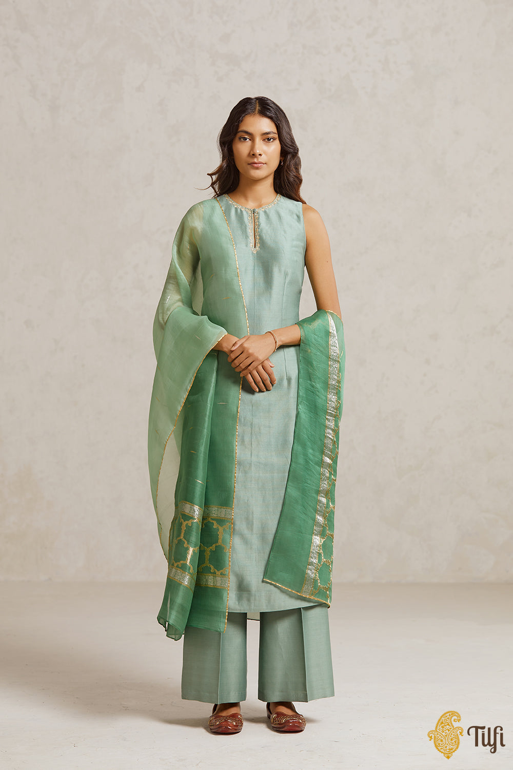 Off White Embroidered Chanderi Silk A-line Suit Sets With Dupatta main image 0
