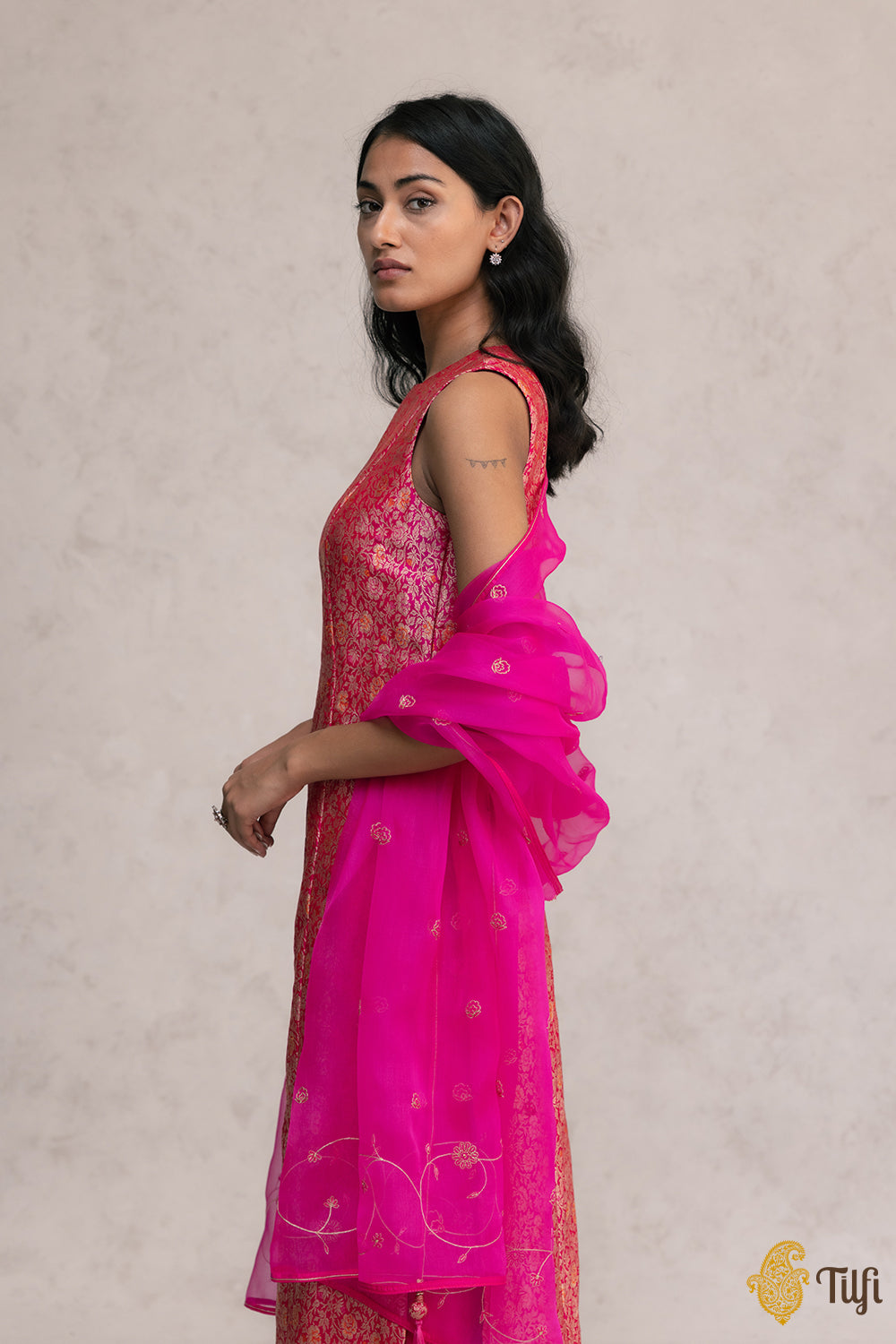 Red-Rani Pink Brocade Banarasi Handloom Suit Set with Hand-embroidered Dupatta