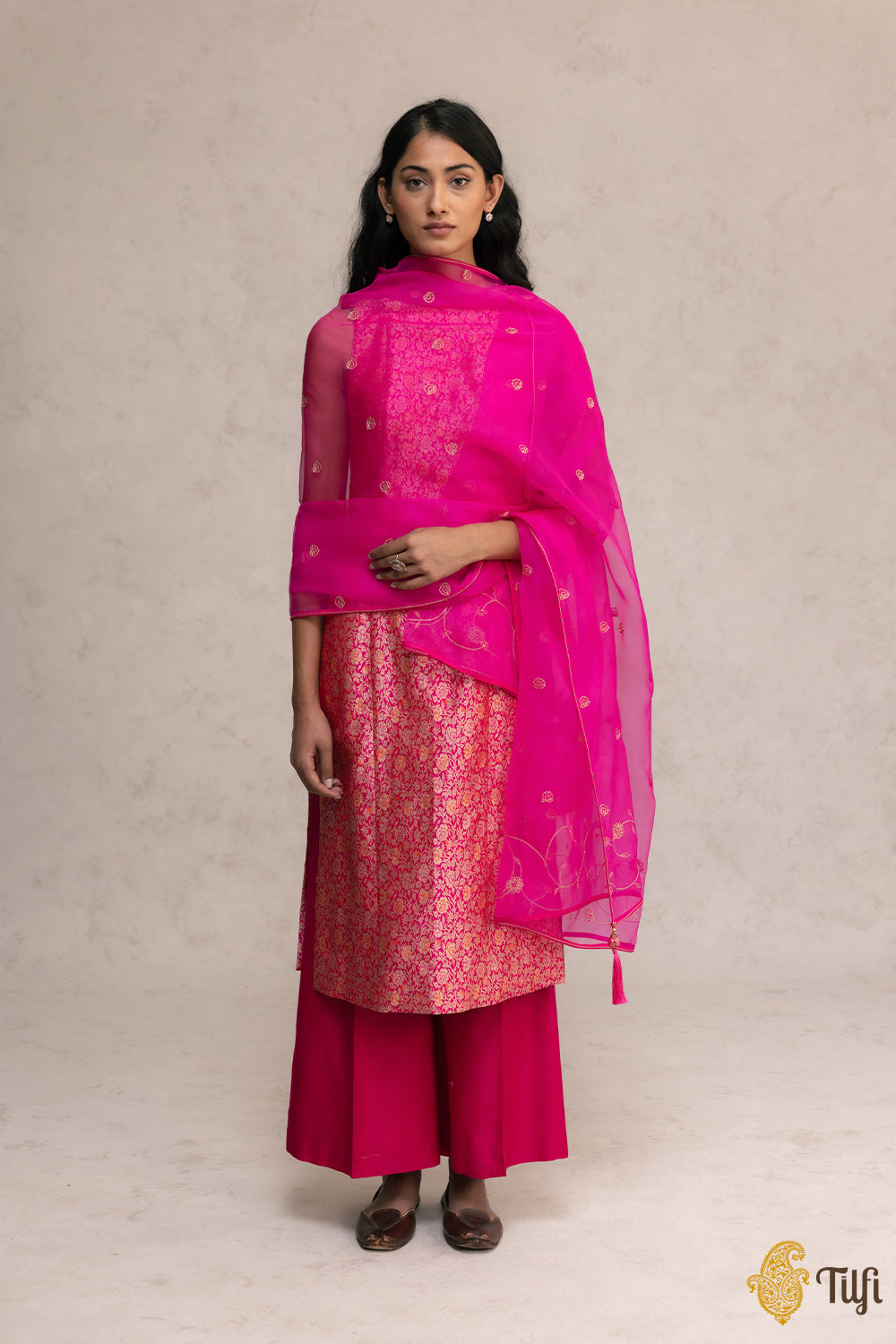 Red-Rani Pink Brocade Banarasi Handloom Suit Set with Hand-embroidered Dupatta