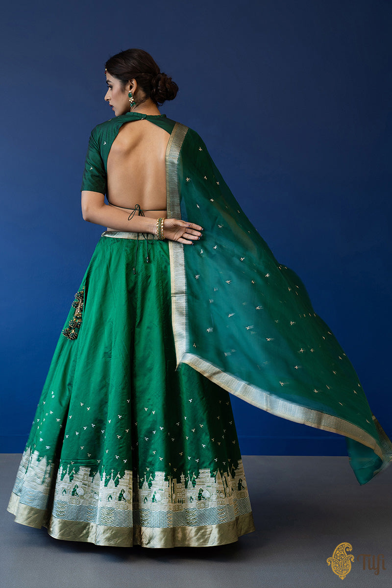Green Pure Katan Silk Banarasi Handloom Lehenga Set