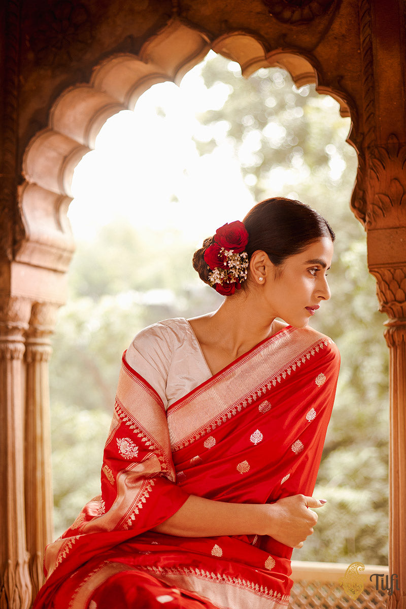 &#39;Katyayani&#39; Red Pure Katan Silk Banarasi Handloom Saree