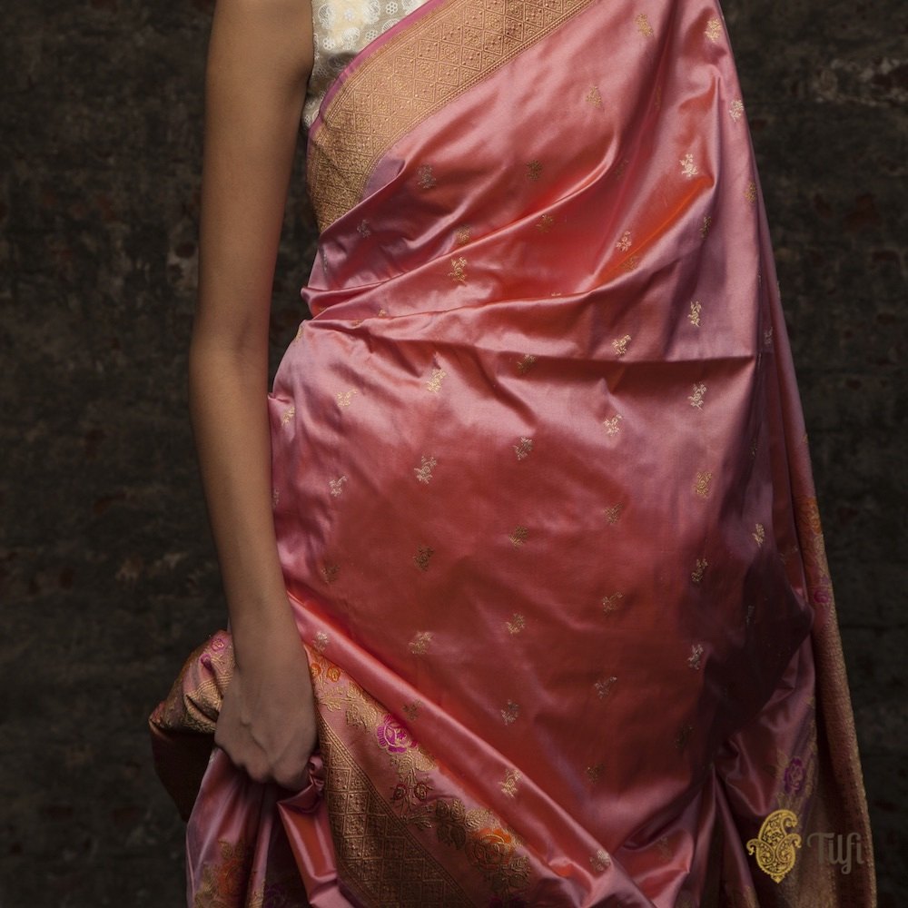 &#39;Ketaki&#39; Pink Pure Katan Silk Banarasi Handloom Saree