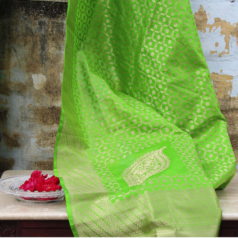 Parrot Green Pure Silk Georgette Banarasi Handloom Dupatta