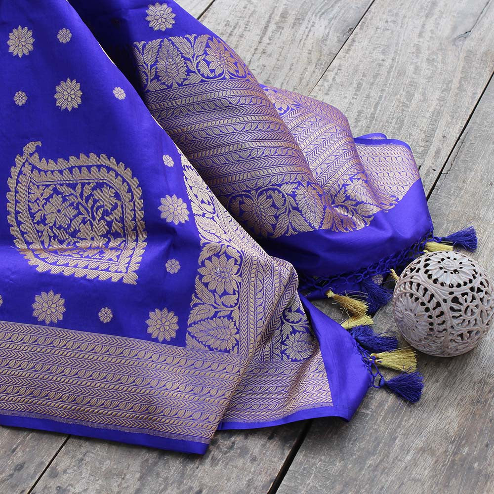Blue Pure Silk Georgette Banarasi Handloom Dupatta