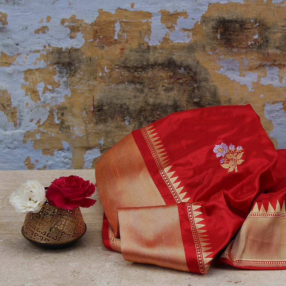 Red Pure Katan Silk Banarasi Handloom Dupatta