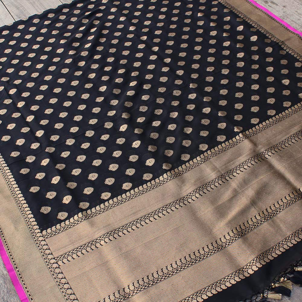 Black Pure Silk Georgette Banarasi Handloom Dupatta