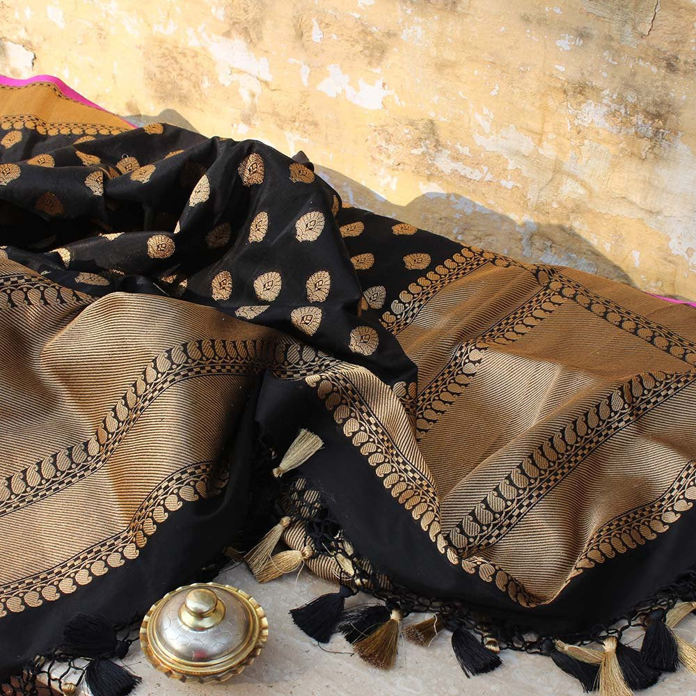 Black Pure Silk Georgette Banarasi Handloom Dupatta