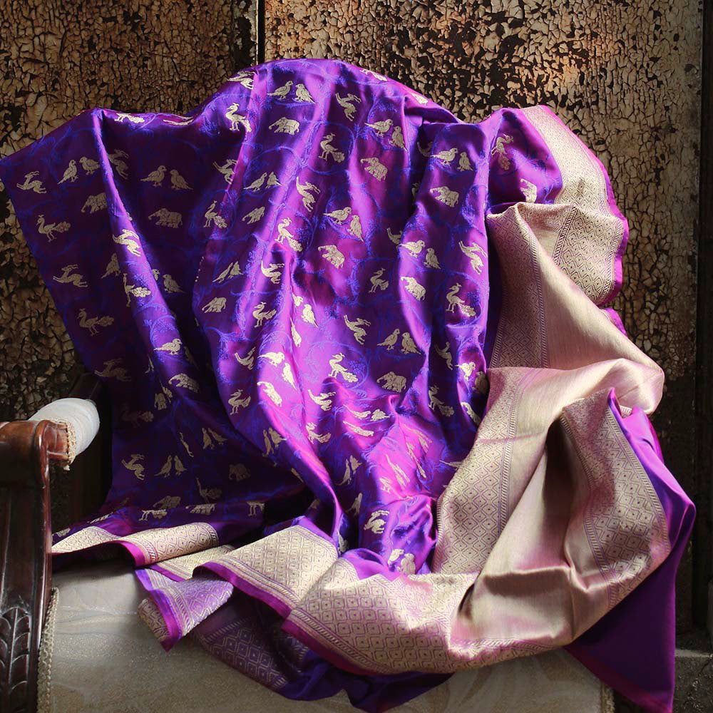 Magenta-Purple Pure Katan Silk Banarasi Handloom Dupatta