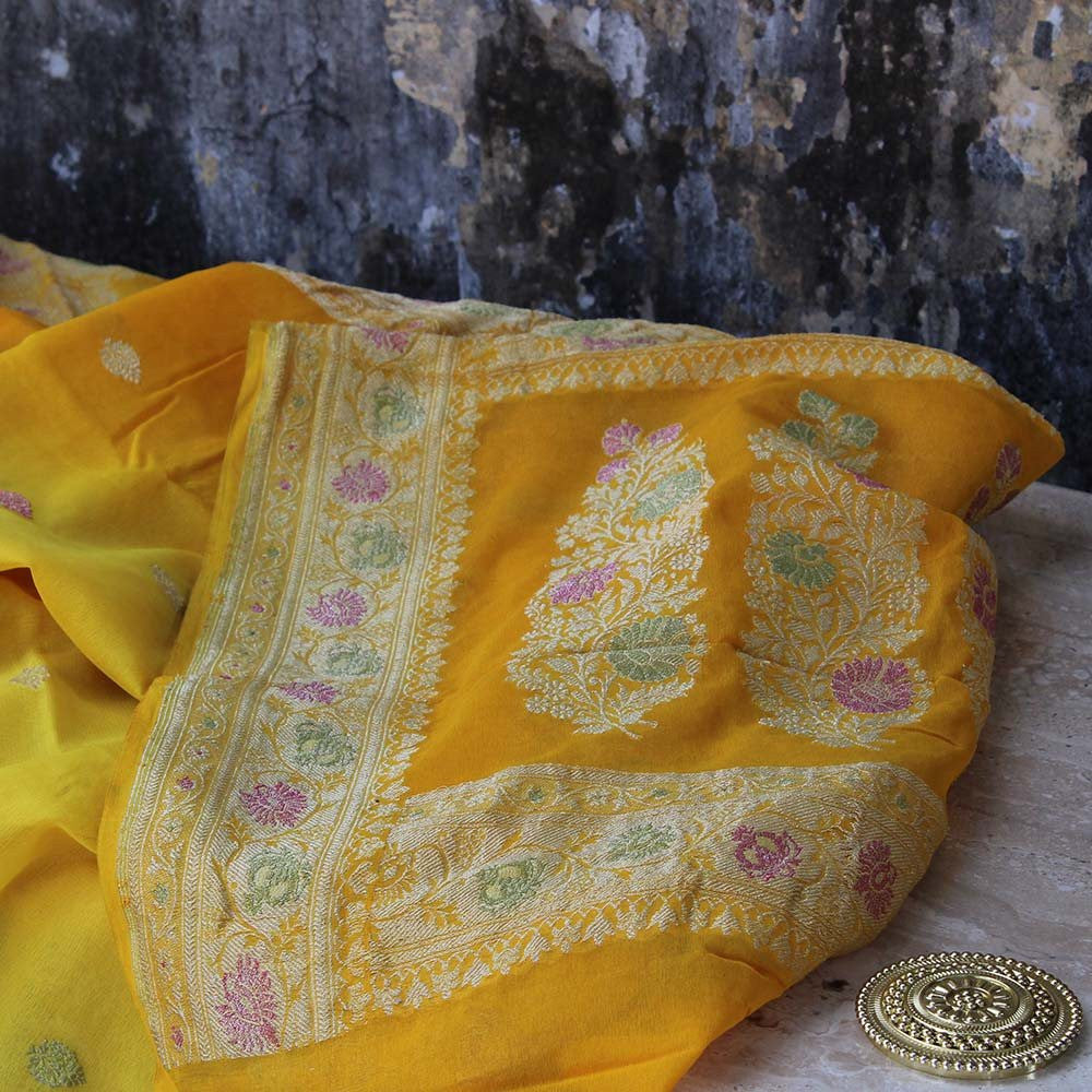 Yellow-Orange Pure Chiffon Georgette Banarasi Handloom Dupatta