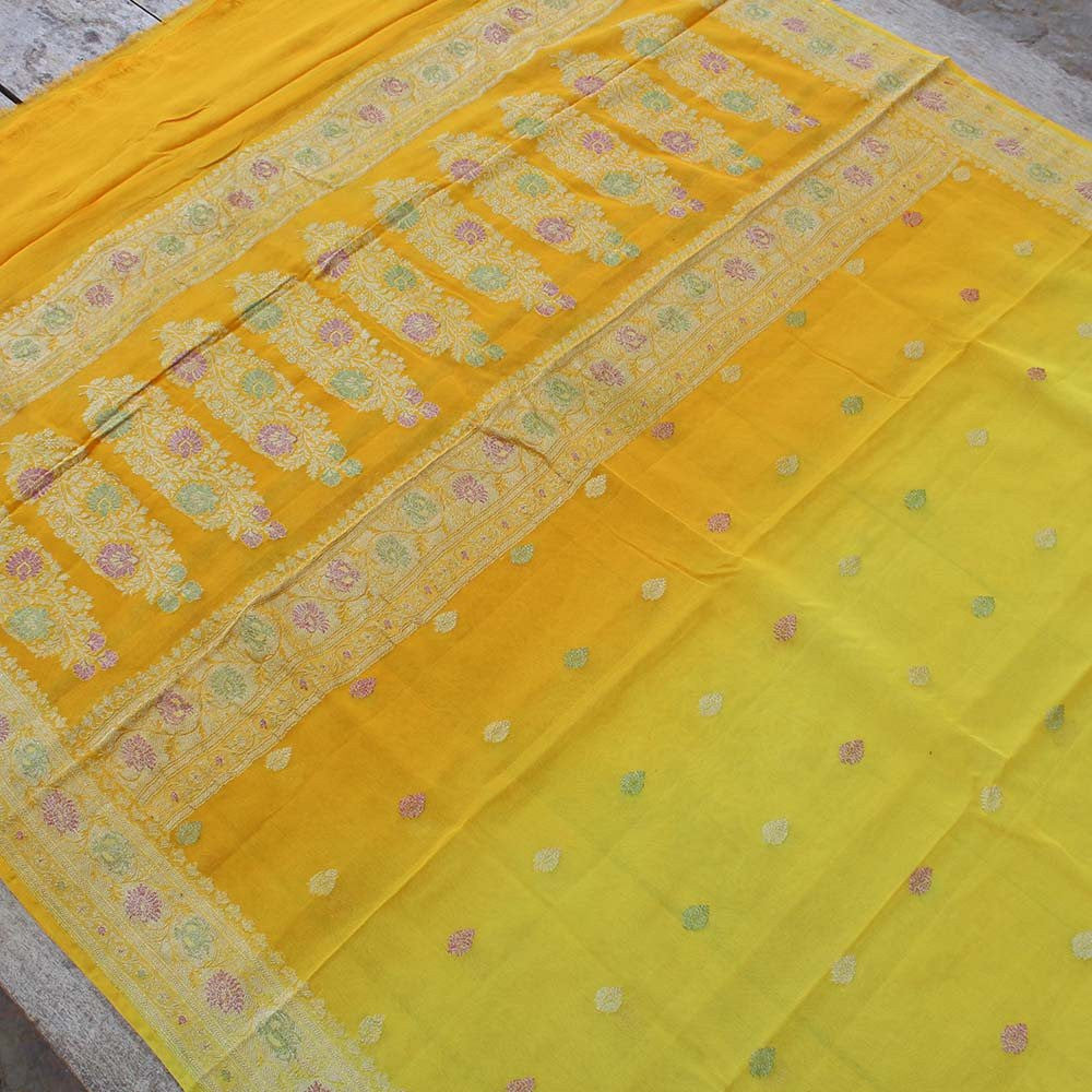 Yellow-Orange Pure Chiffon Georgette Banarasi Handloom Dupatta