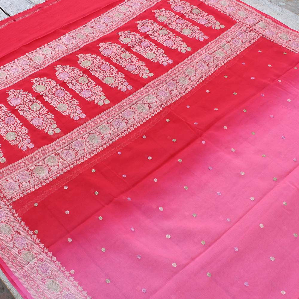 Pink-Red Pure Chiffon Georgette Banarasi Handloom Dupatta