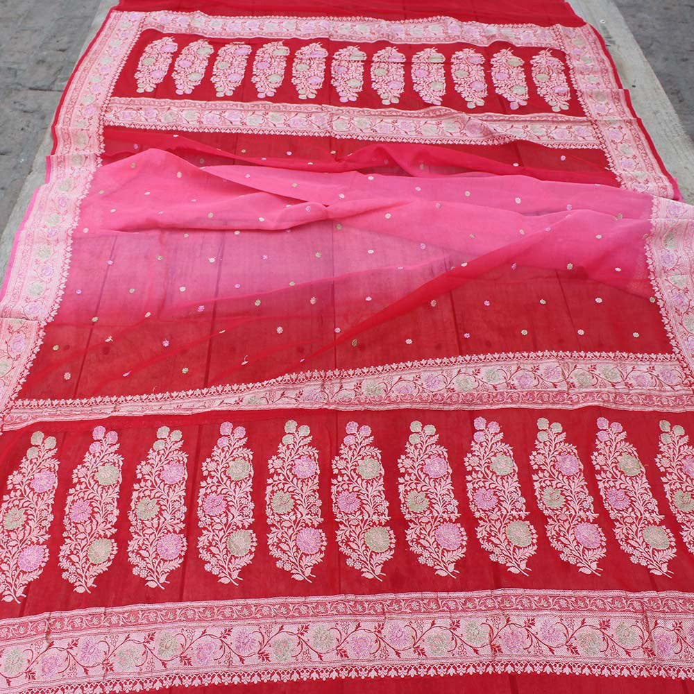 Pink-Red Pure Chiffon Georgette Banarasi Handloom Dupatta