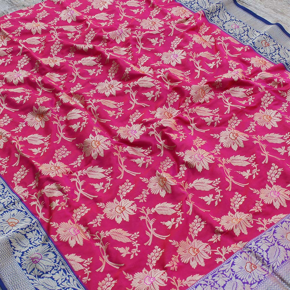 Rani Pink Pure Katan Silk Kadwa Jangla Handloom Dupatta
