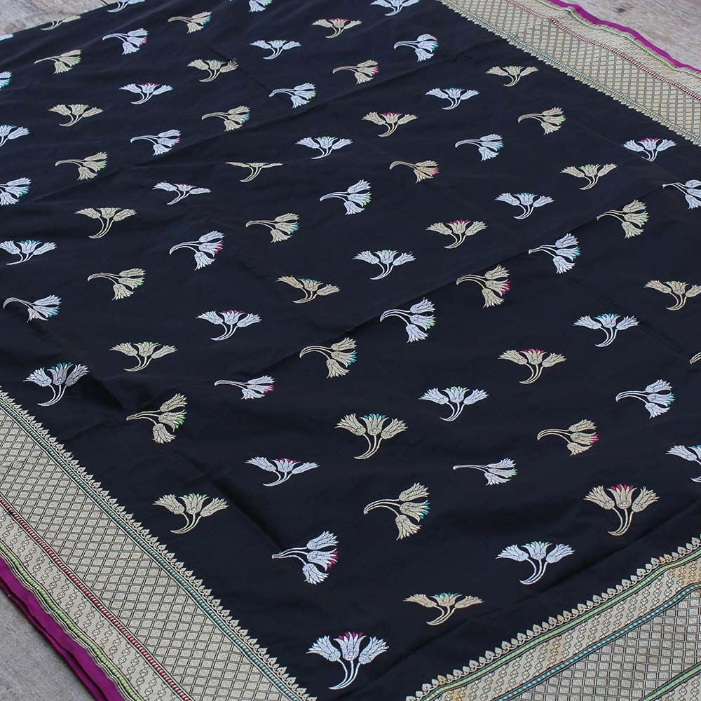Black Pure Katan Silk Banarasi Handloom Dupatta