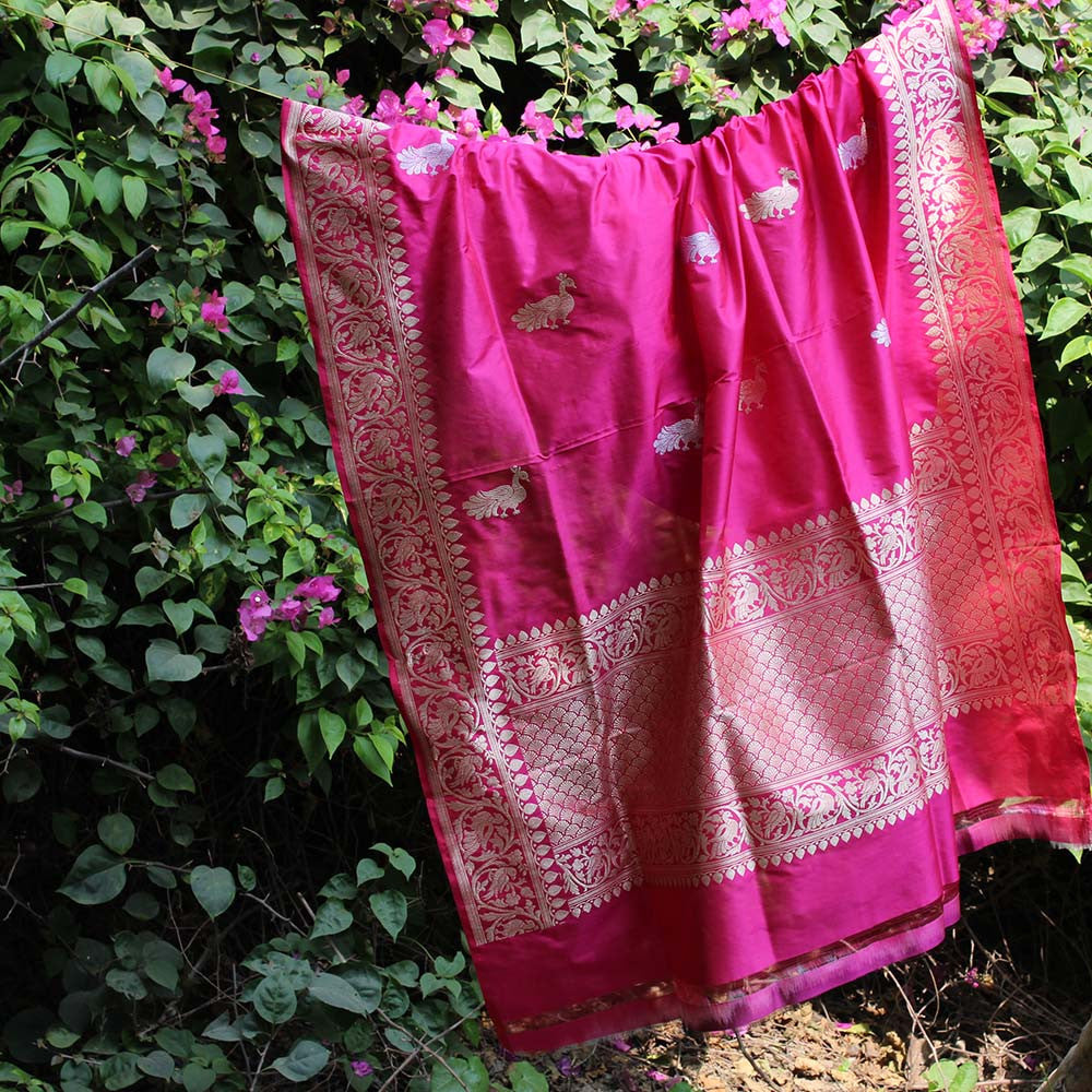 Indian Pink Pure Katan Silk Banarasi Handloom Dupatta