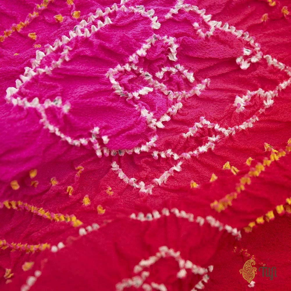 Rani Pink-Dark Orange Pure Georgette Banarasi Handloom Bandhani Dupatta