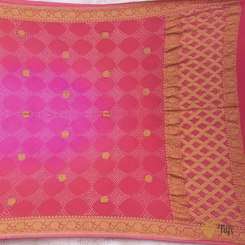 Gulaabi pink-Coral Pink Pure Georgette Banarasi Handloom Bandhani Dupatta