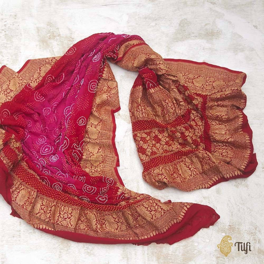 Rani pink-Red Pure Georgette Banarasi Handloom Bandhani Dupatta