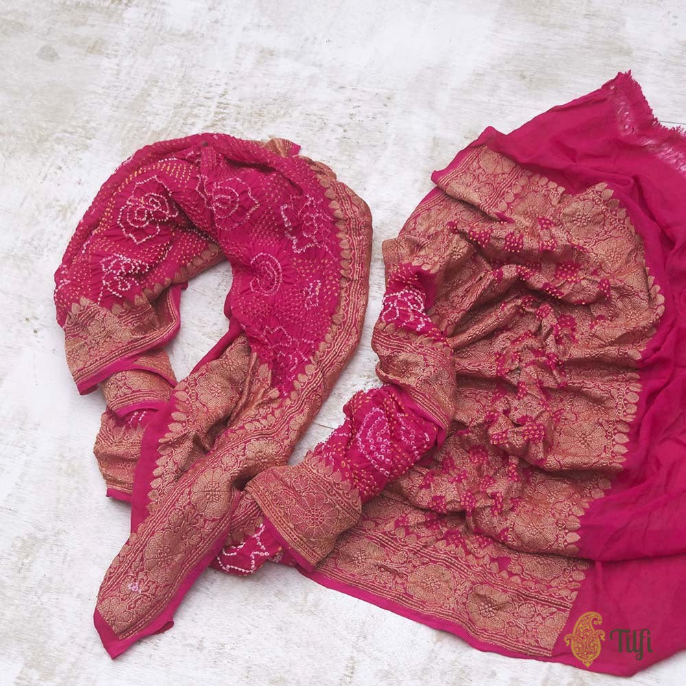 Pink Pure Georgette Banarasi Handloom Bandhani Dupatta