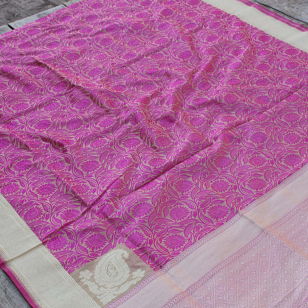 Ivory-Gajri Pink Pure Katan Silk Banarasi Handloom Dupatta