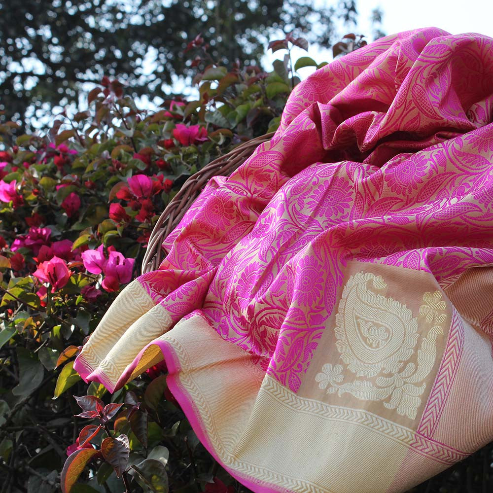 Ivory-Gajri Pink Pure Katan Silk Banarasi Handloom Dupatta