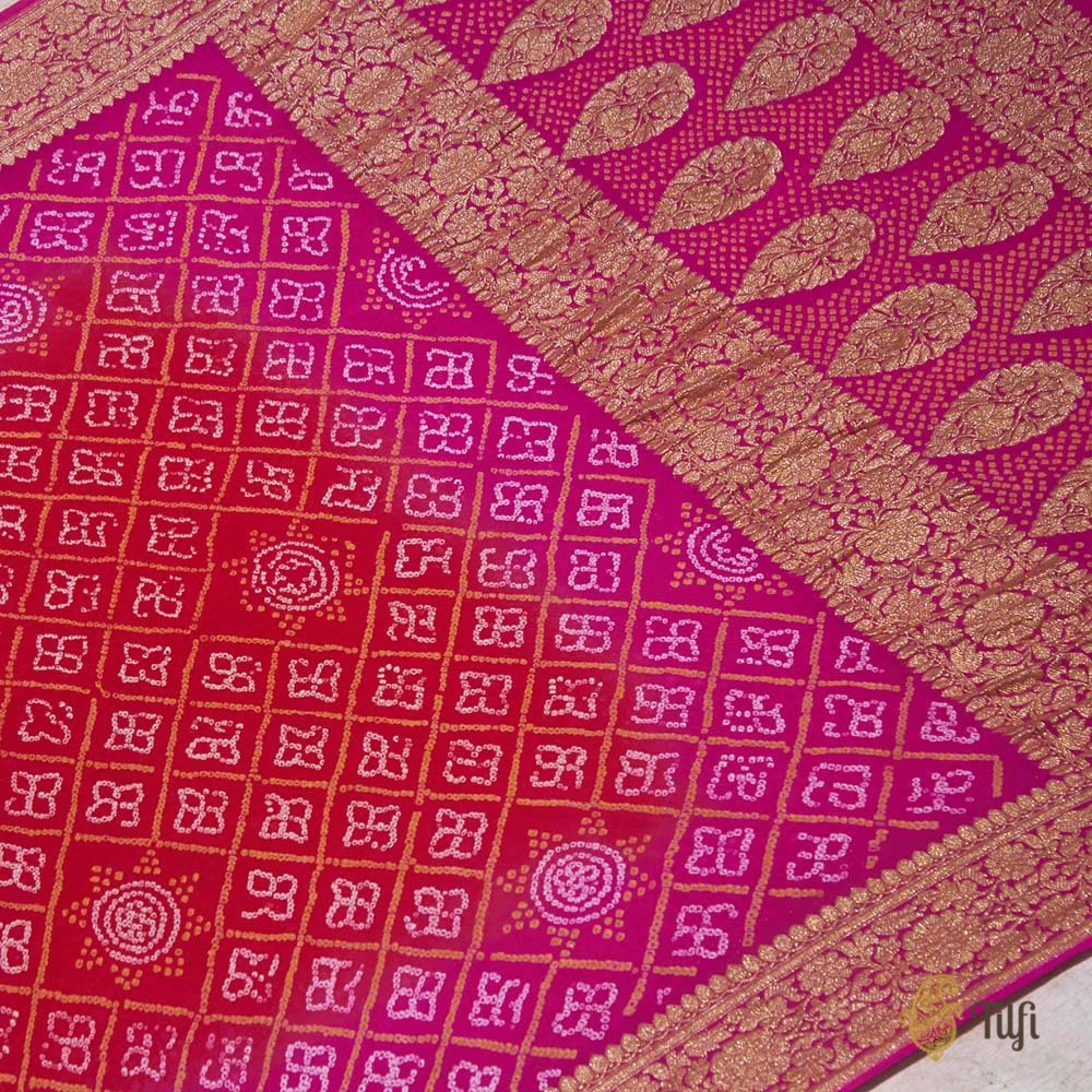 Dark Orange-Gulaabi Pink Pure Georgette Banarasi Handloom Bandhani Dupatta
