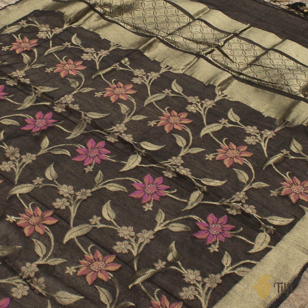 Black Pure Kora Net by Cotton Banarasi Handloom Dupatta