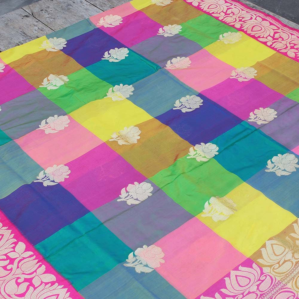 Multicolored Pure Katan Silk Banarasi Handloom Dupatta
