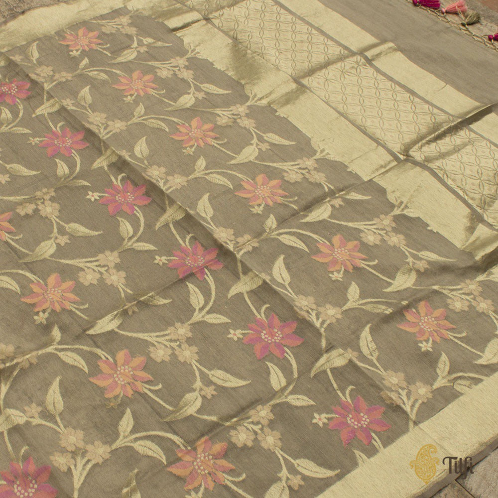 Gray Pure Kora Net by Cotton Banarasi Handloom Dupatta