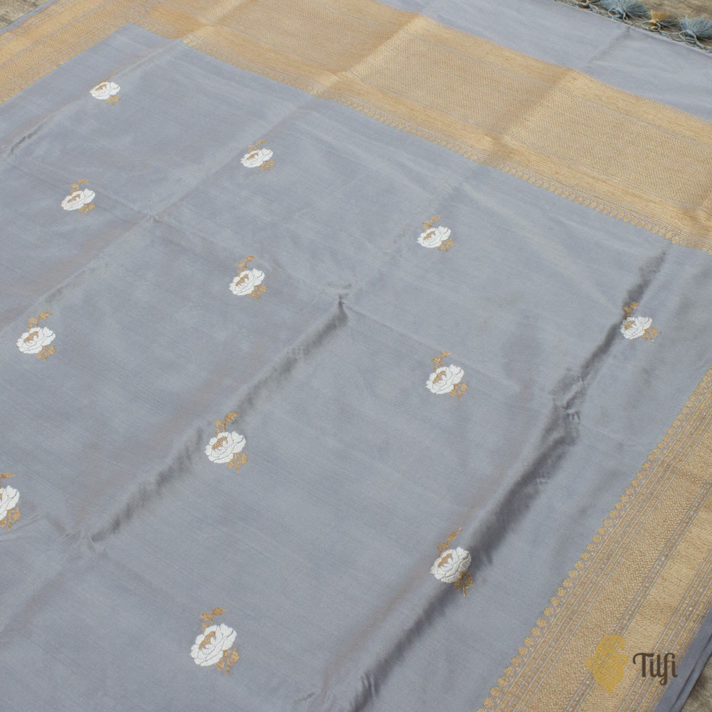 Grey Pure Katan Silk Banarasi Handloom Dupatta