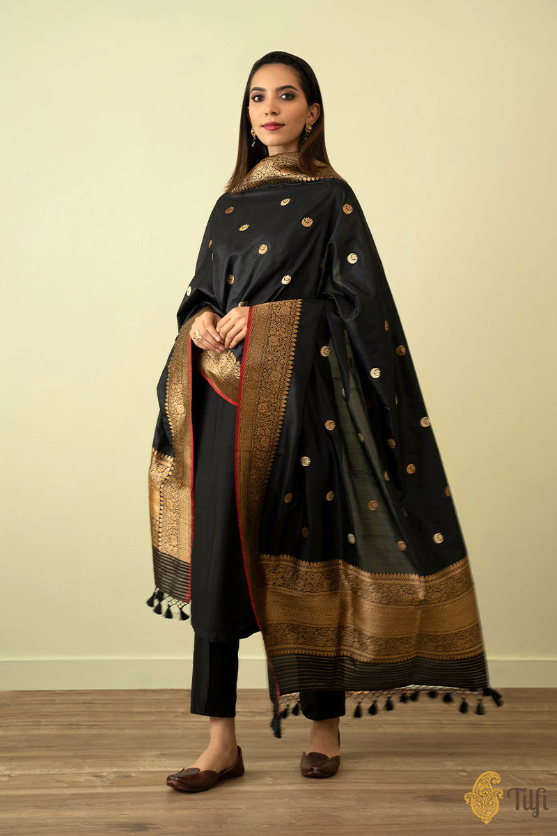 Black Pure Katan Silk Banarasi Handloom Dupatta