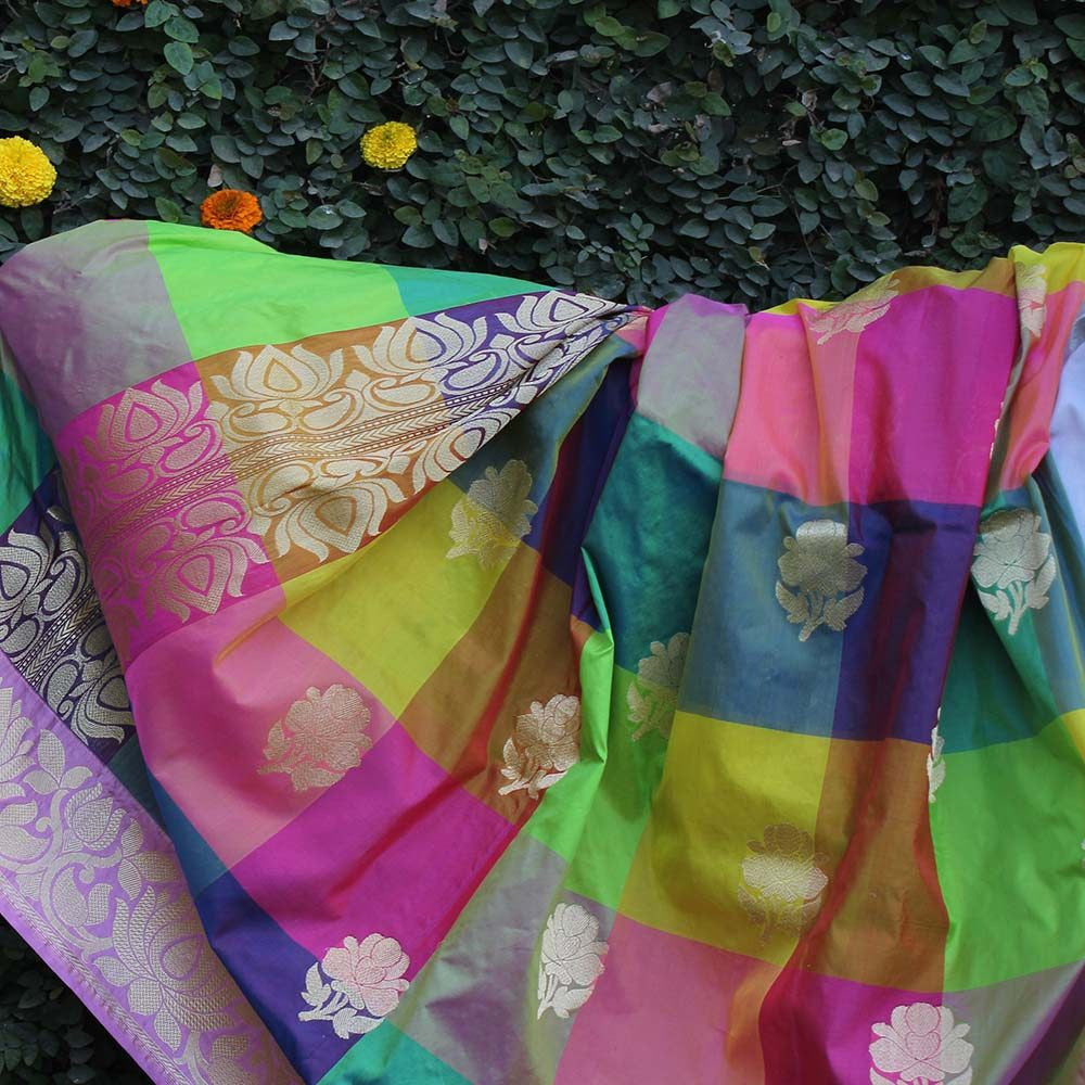 Multicolored Pure Katan Silk Banarasi Handloom Dupatta