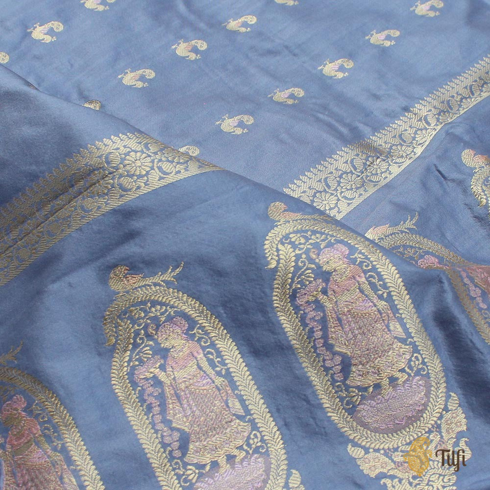 Blueish-Grey Pure Katan Silk Banarasi Handwoven Dupatta