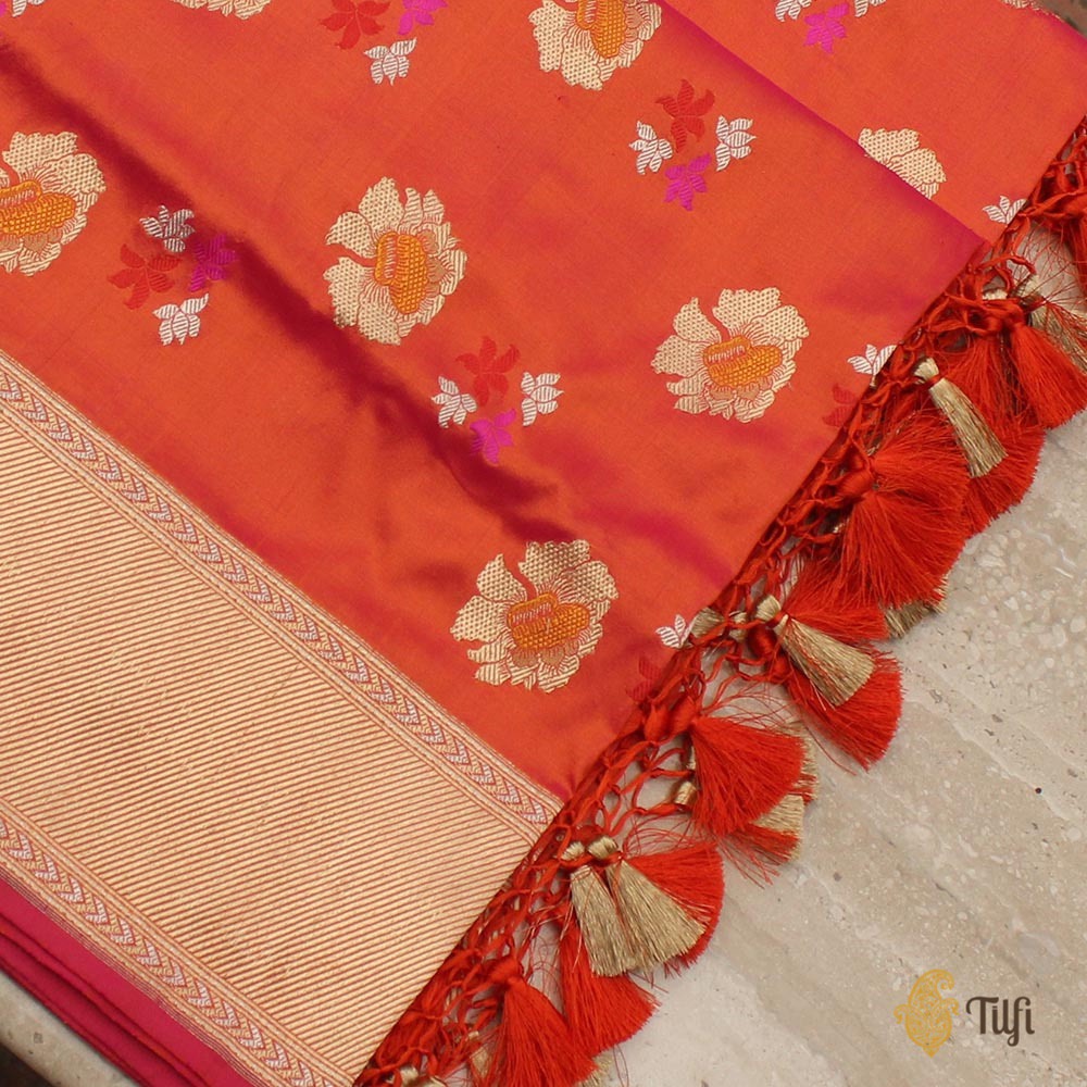 Pink-Orange Pure Katan Silk Banarasi Handloom Dupatta