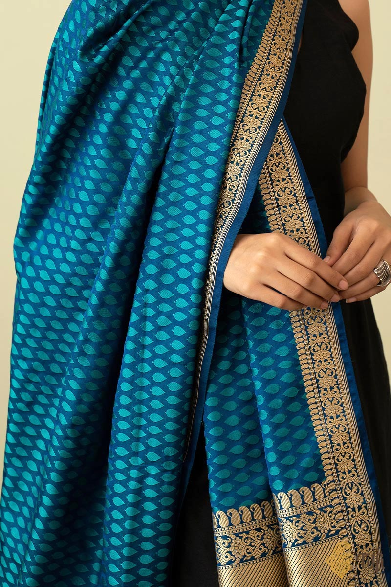 Deep Peacock Blue Pure Soft Satin Silk Banarasi Handloom Dupatta