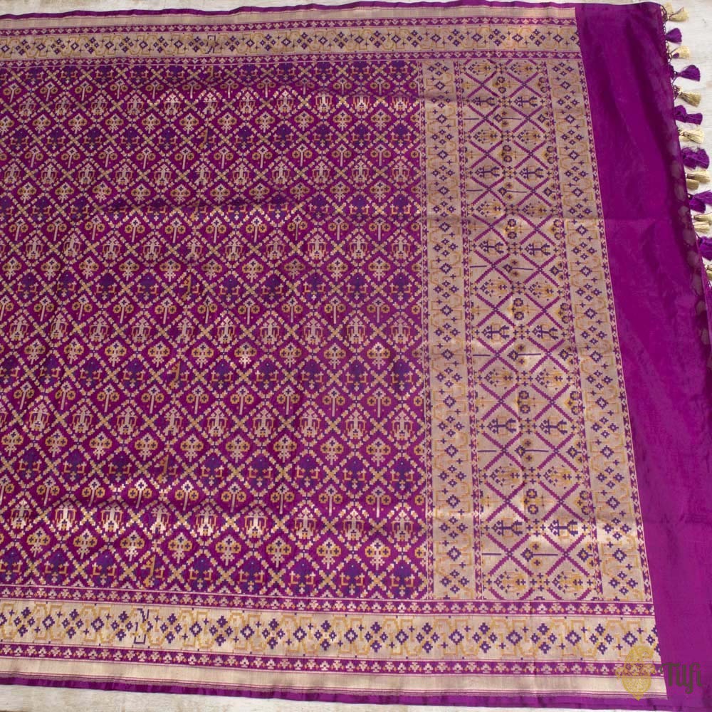 Purple-Magenta Pure Katan Silk Banarasi Handloom Patola Dupatta