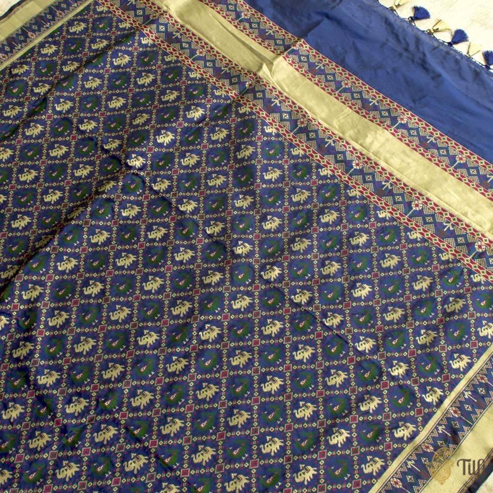 Midnight Blue Pure Katan Silk Banarasi Handloom Patola Dupatta