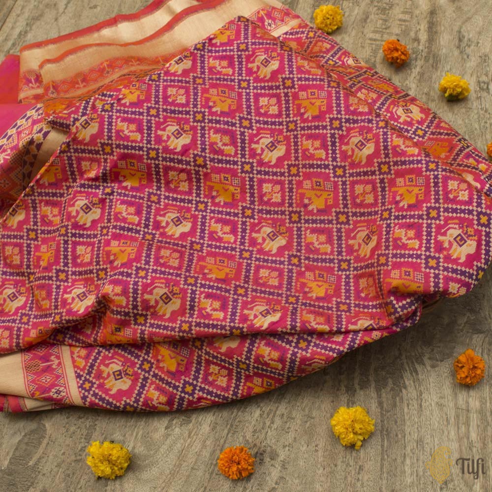 Orange-Pink Pure Katan Silk Banarasi Handloom Patola Dupatta