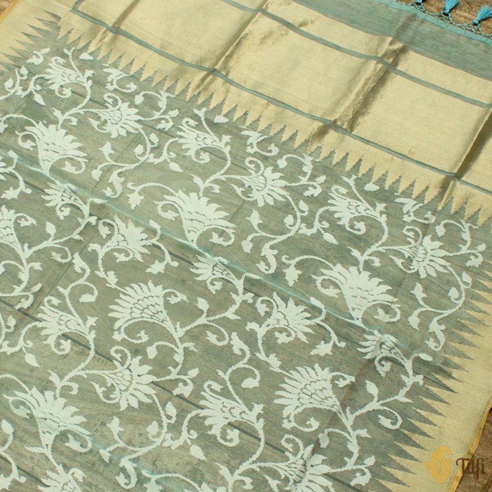 Light Blue Pure Kora Silk Net Banarasi Handloom Dupatta