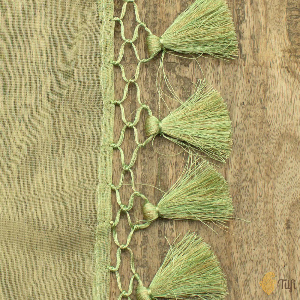 Pista Green Pure Kora Silk Net Banarasi Handloom Dupatta