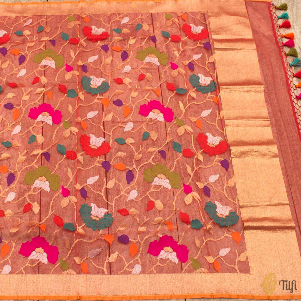 Red Pure Kora Silk Net Banarasi Handloom Dupatta
