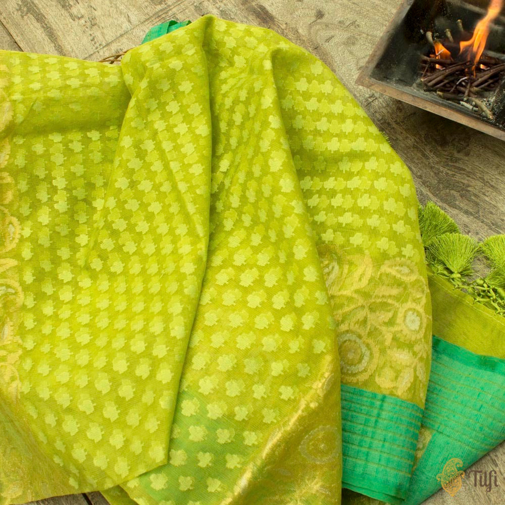 Green Pure Kora Silk Net Banarasi Handloom Dupatta