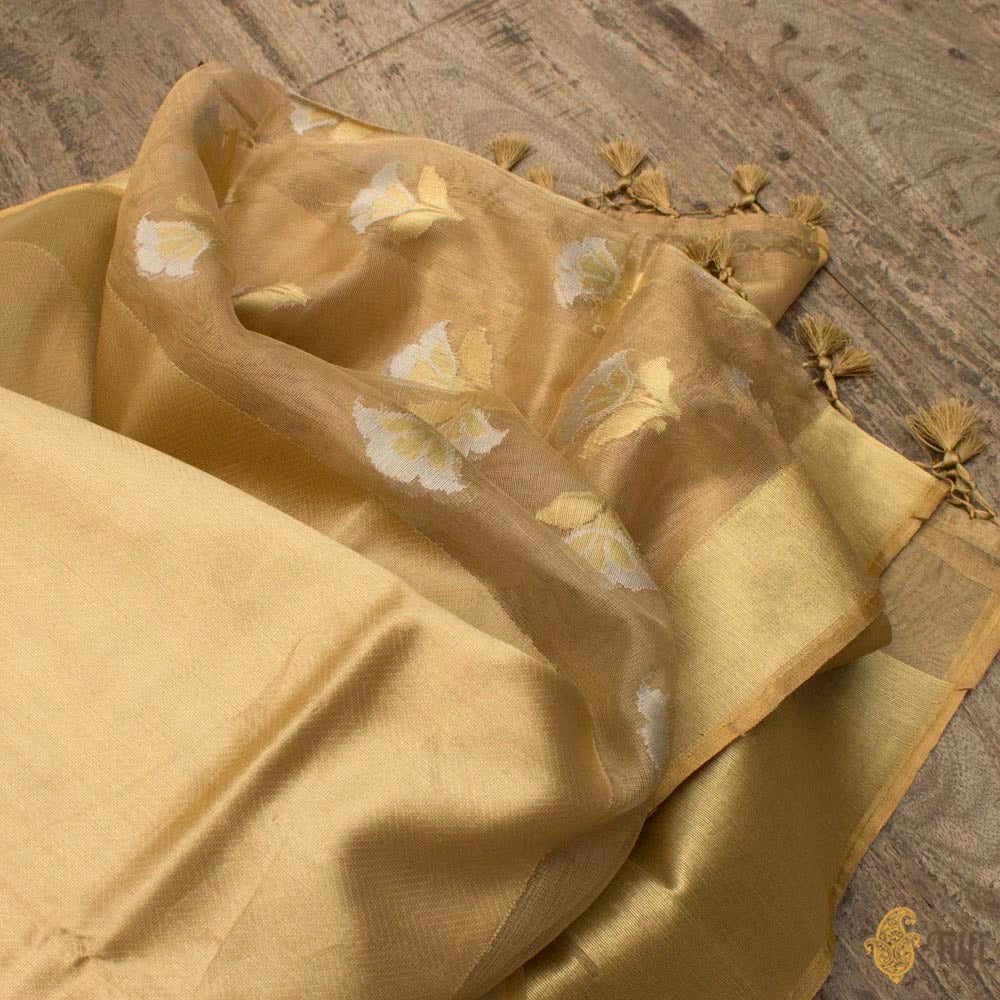 Gold Pure Kora Silk Net Tissue Banarasi Handloom Dupatta