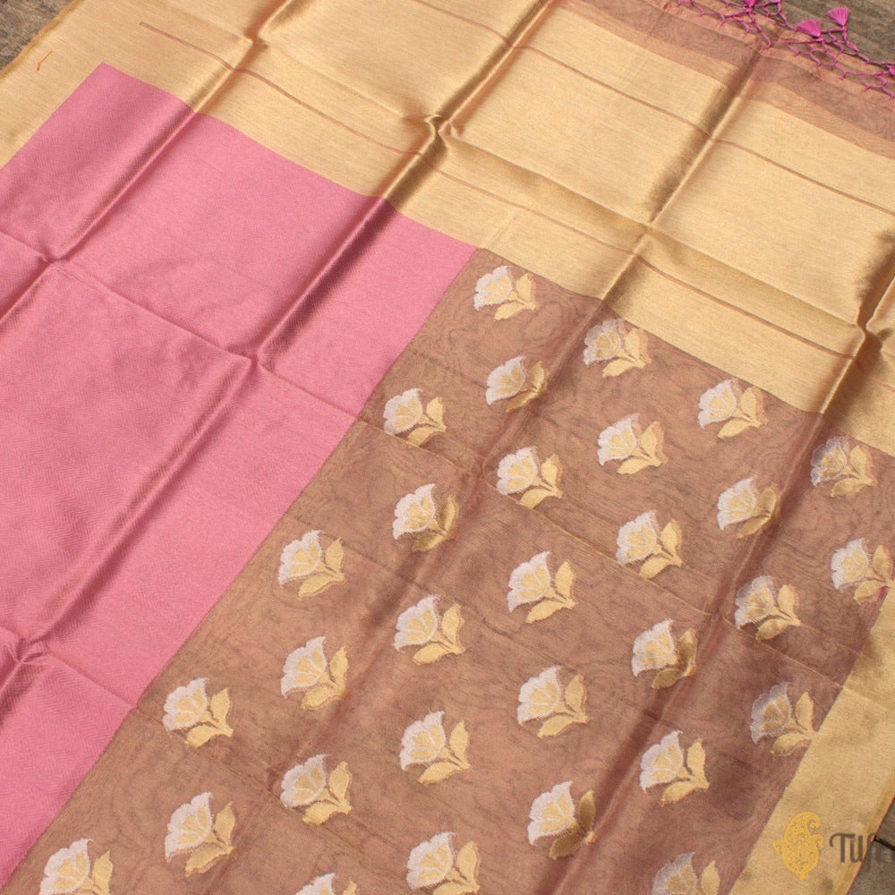 Gold-Pink Pure Kora Silk Net Tissue Banarasi Handloom Dupatta